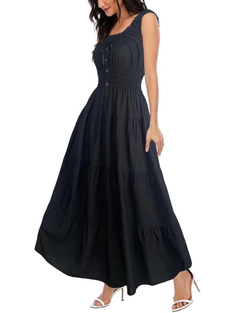 Women's Solid Black Floral Print Tiered Casual Flowy Long Maxi Dress